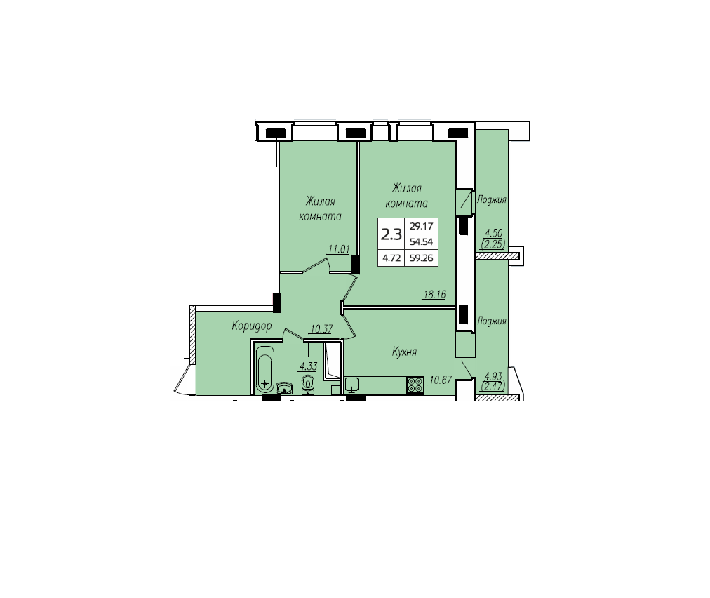 2-комнатная 59 м2 в ЖК Николаевский парк корпус null этаж 14