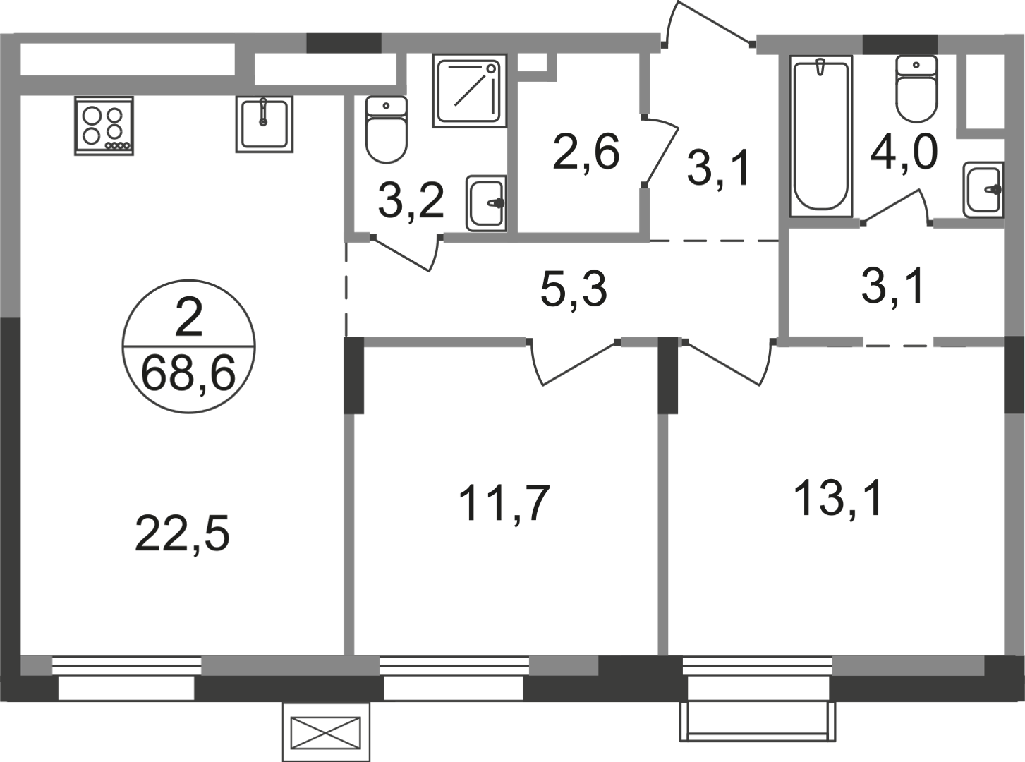 2-комнатная 68 м2 в ЖК Резиденции Сколково корпус null этаж 6