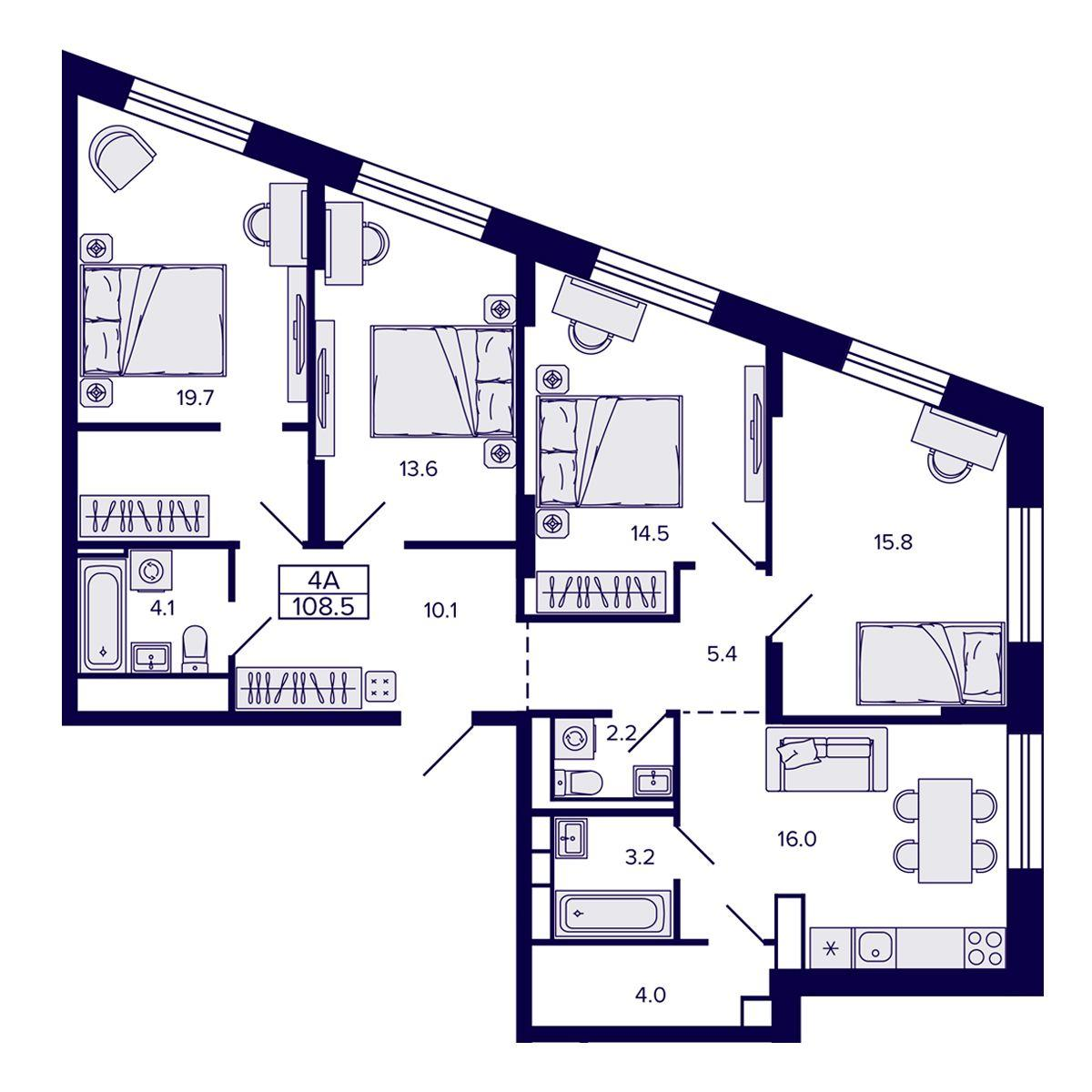 4-комнатная 108 м2 в ЖК Самородный квартал корпус null этаж 30
