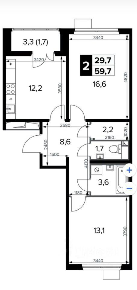 2-комнатная 59 м2 в ЖК undefined корпус null этаж 7