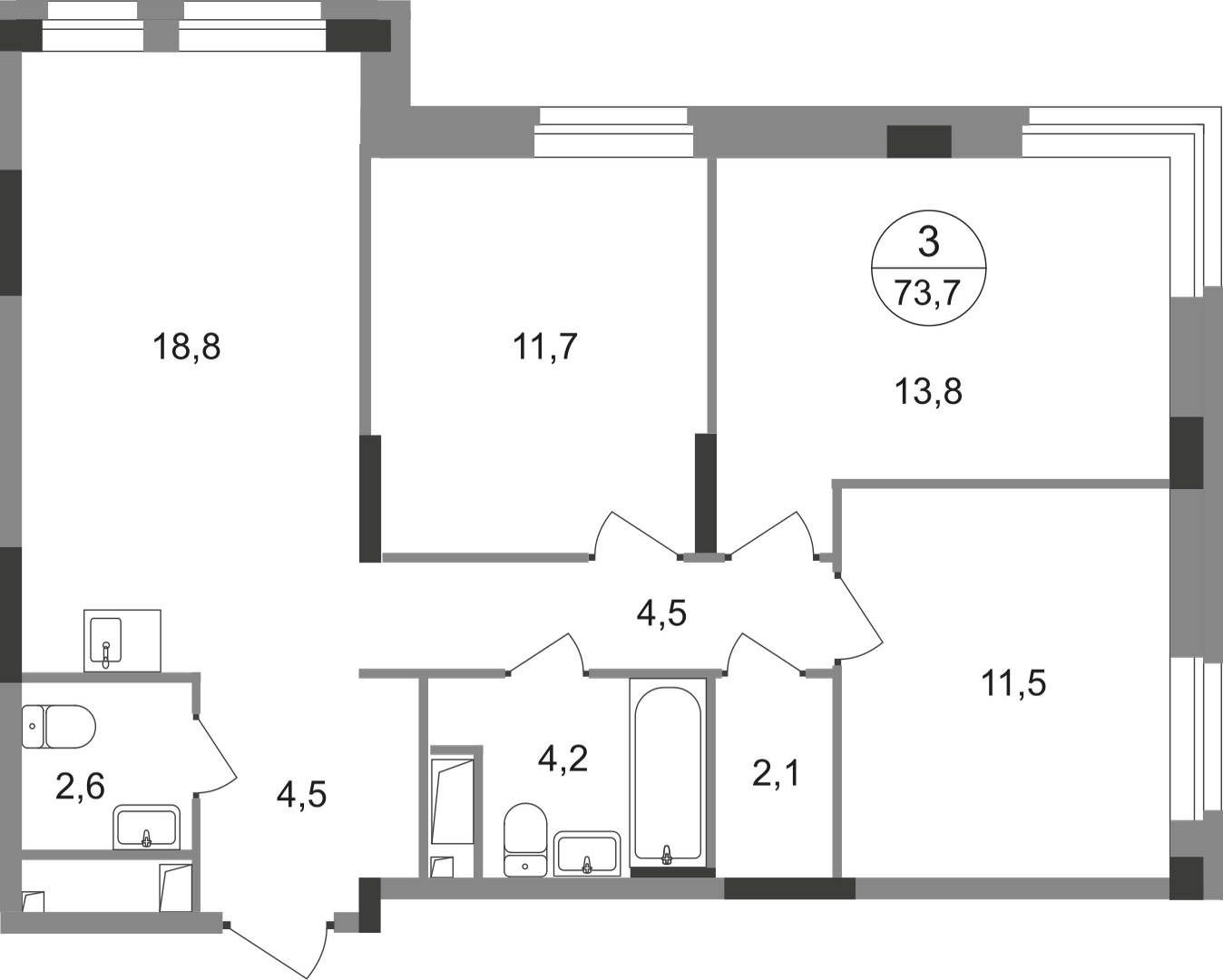 3-комнатная 73 м2 в ЖК Первый Московский корпус null этаж 9