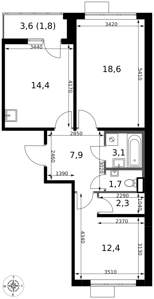 2-комнатная 62 м2 в ЖК 1-й Саларьевский корпус null этаж 23