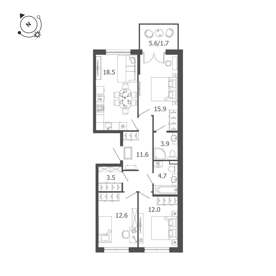 3-комнатная 84 м2 в ЖК Пулковский дом корпус null этаж 1