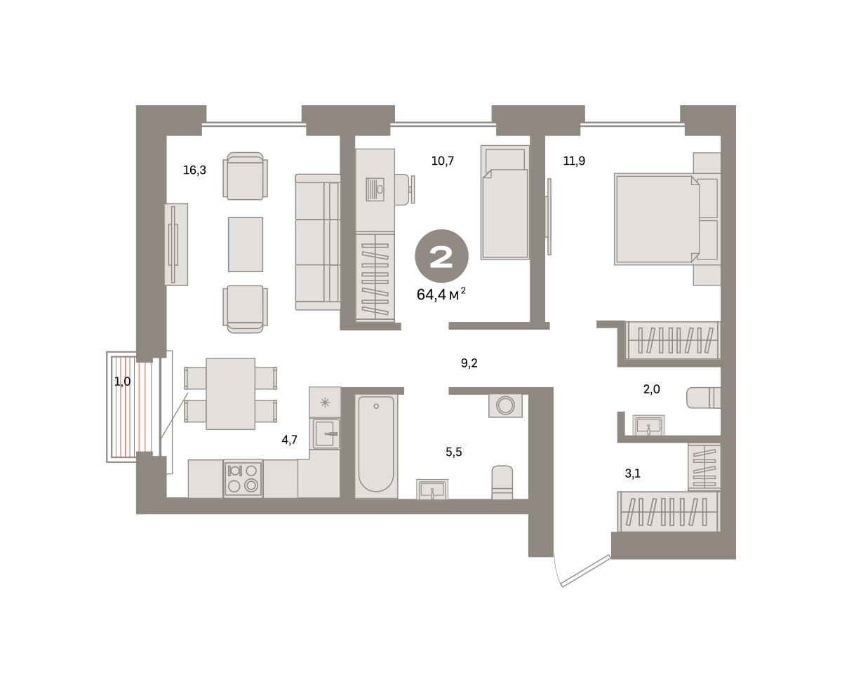 2-комнатная 64 м2 в ЖК Метроном корпус null этаж 13