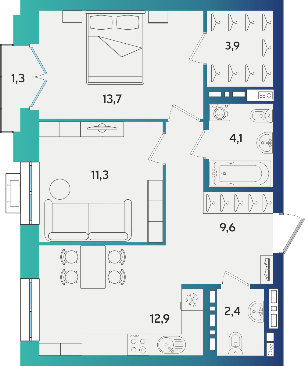 2-комнатная 58 м2 в ЖК Экополис корпус null этаж 3