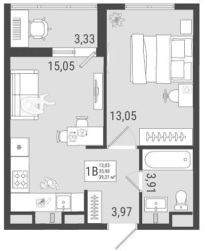 1-комнатная 37 м2 в ЖК Юго Западный корпус null этаж 2