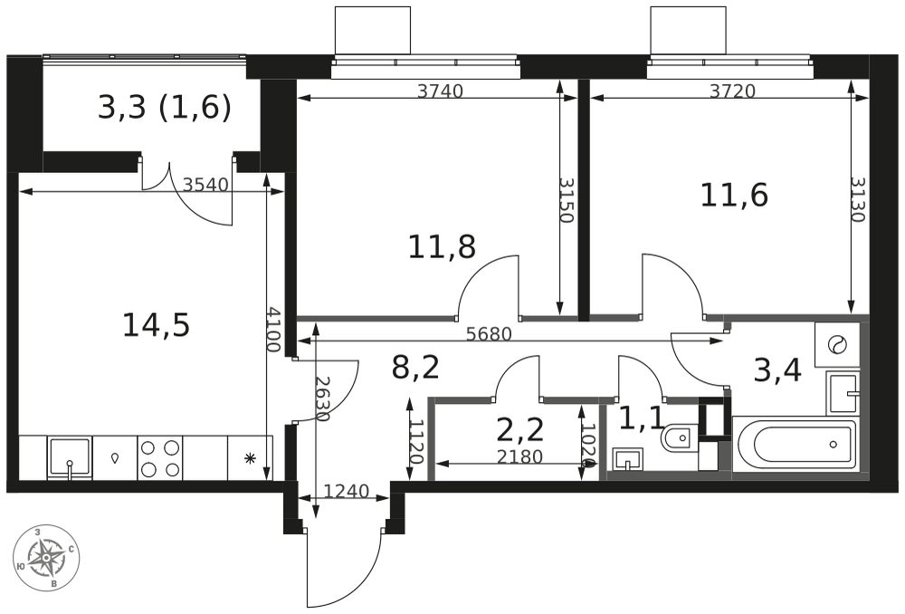 2-комнатная 54 м2 в ЖК 1-й Химкинский корпус null этаж 7