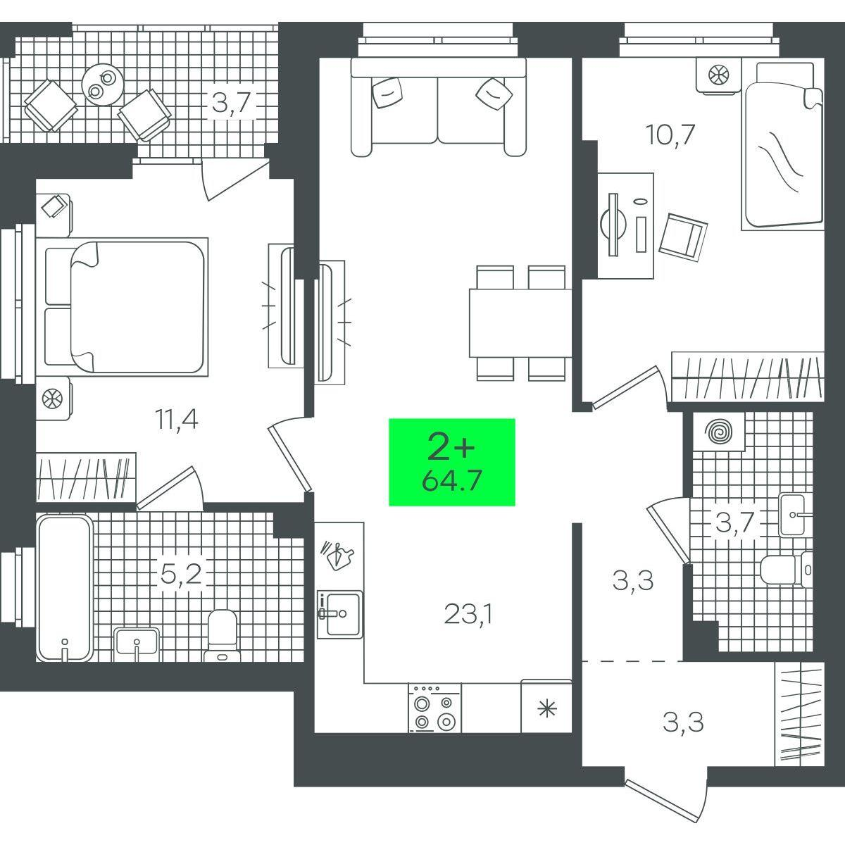 2-комнатная 64 м2 в ЖК Гранд Квартал корпус null этаж 2