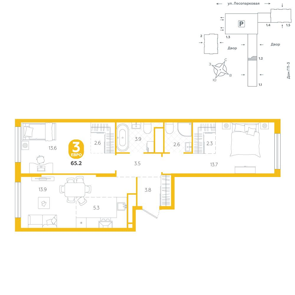 2-комнатная 65 м2 в ЖК Чистые пруды корпус null этаж 12