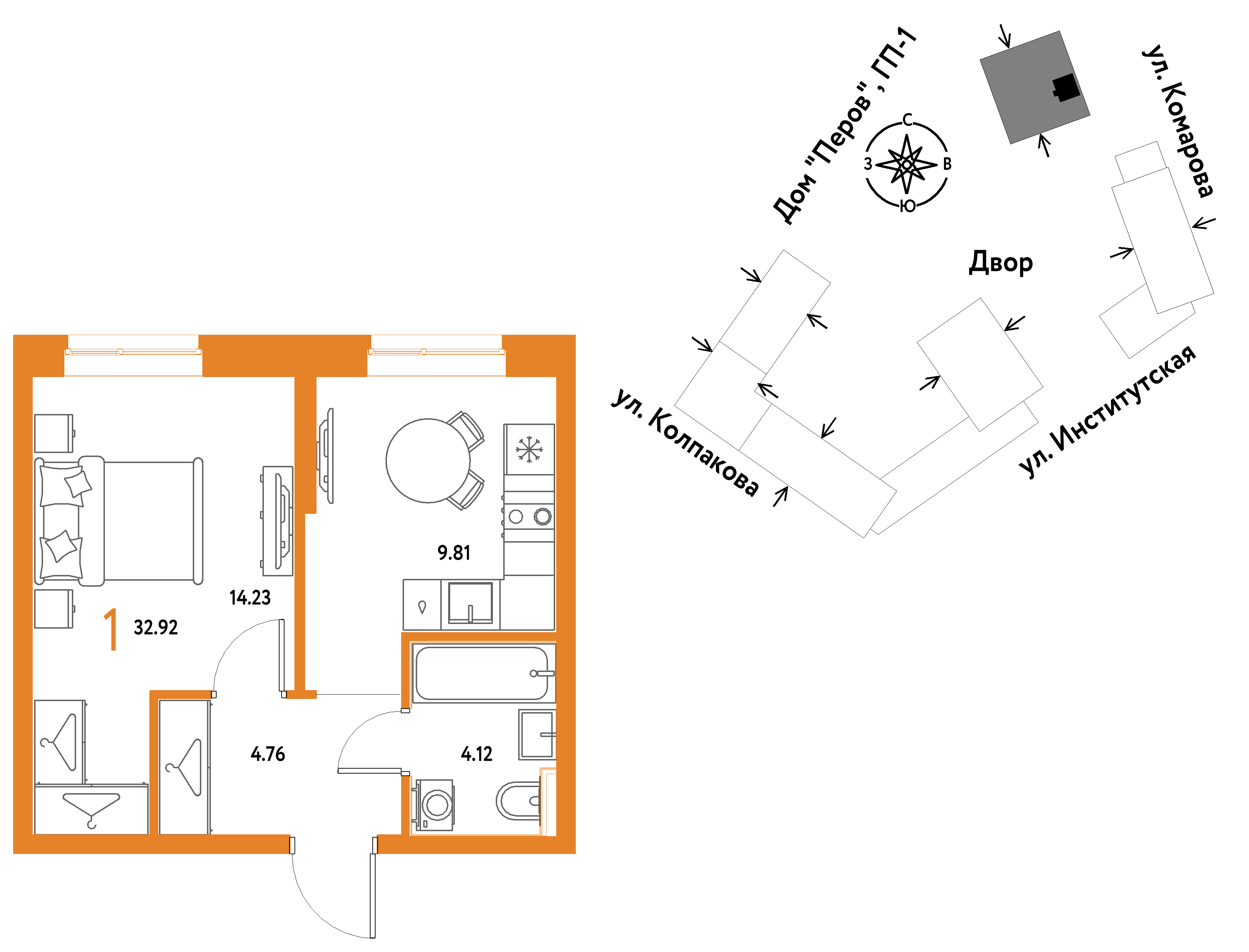 1-комнатная 32 м2 в ЖК Страна.Парковая корпус null этаж 8