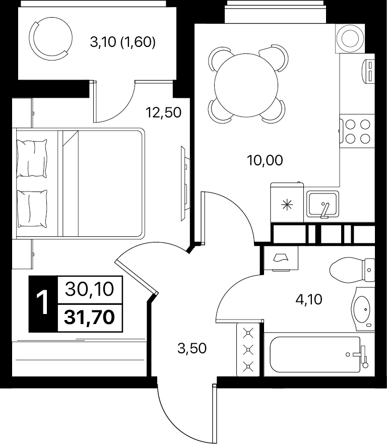 1-комнатная 31 м2 в ЖК Эстет корпус null этаж 7