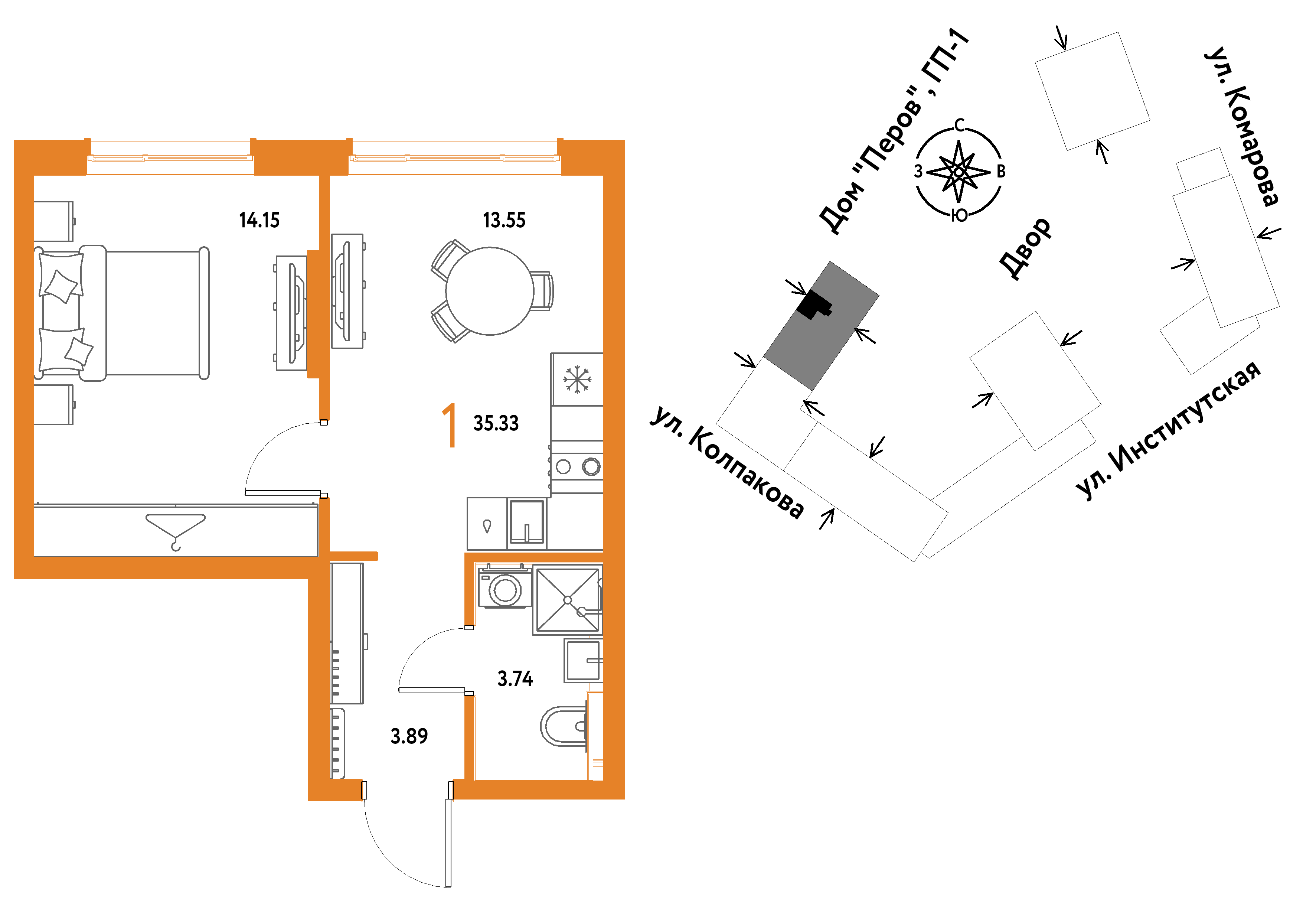 1-комнатная 35 м2 в ЖК Страна.Парковая корпус null этаж 12