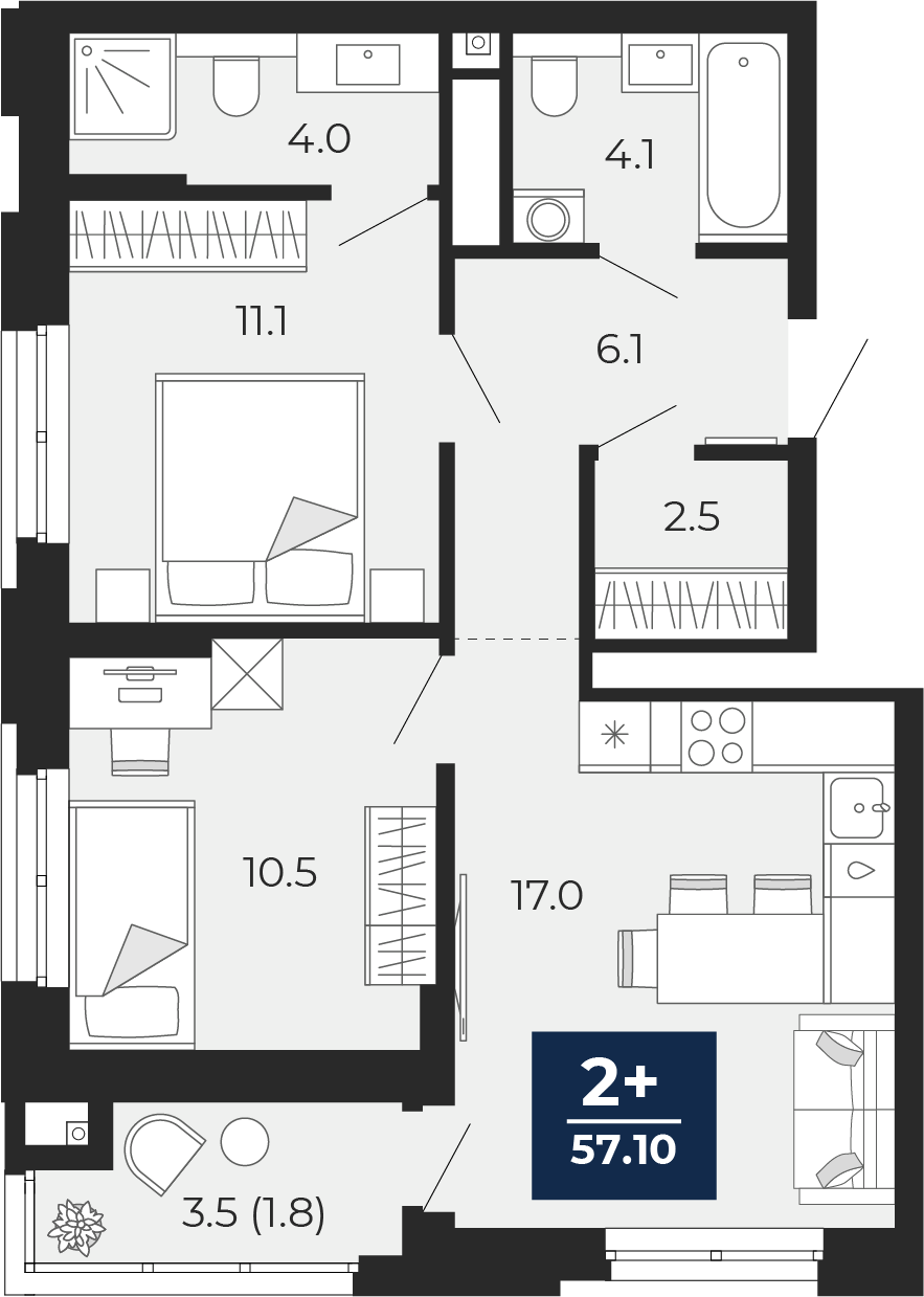 2-комнатная 55 м2 в ЖК Мириады корпус null этаж 10