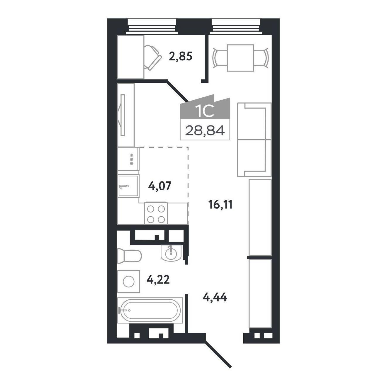 Студия 28 м2 в ЖК Квартал 1604 корпус null этаж 11