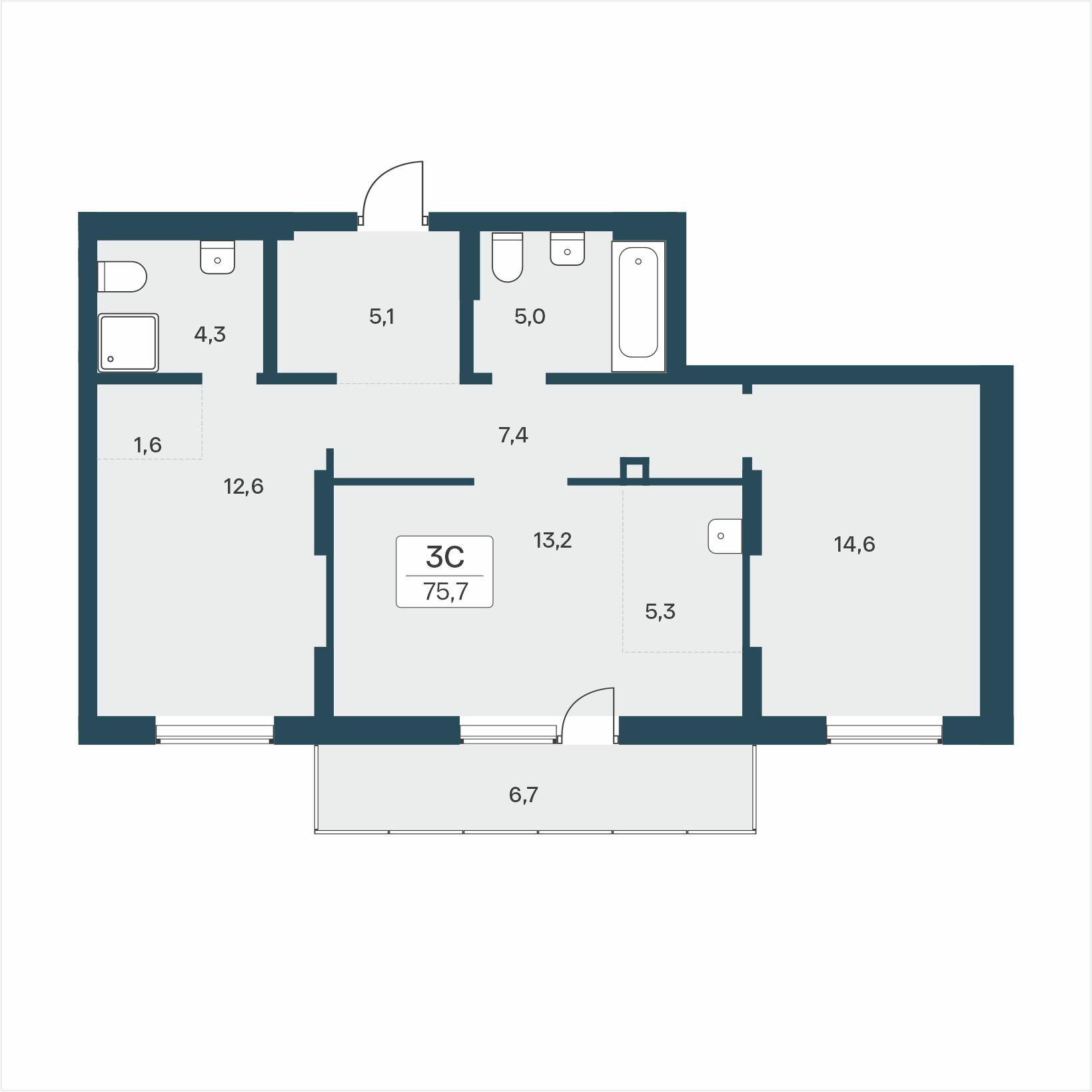 3-комнатная 75 м2 в ЖК Расцветай на Учительской корпус null этаж 12