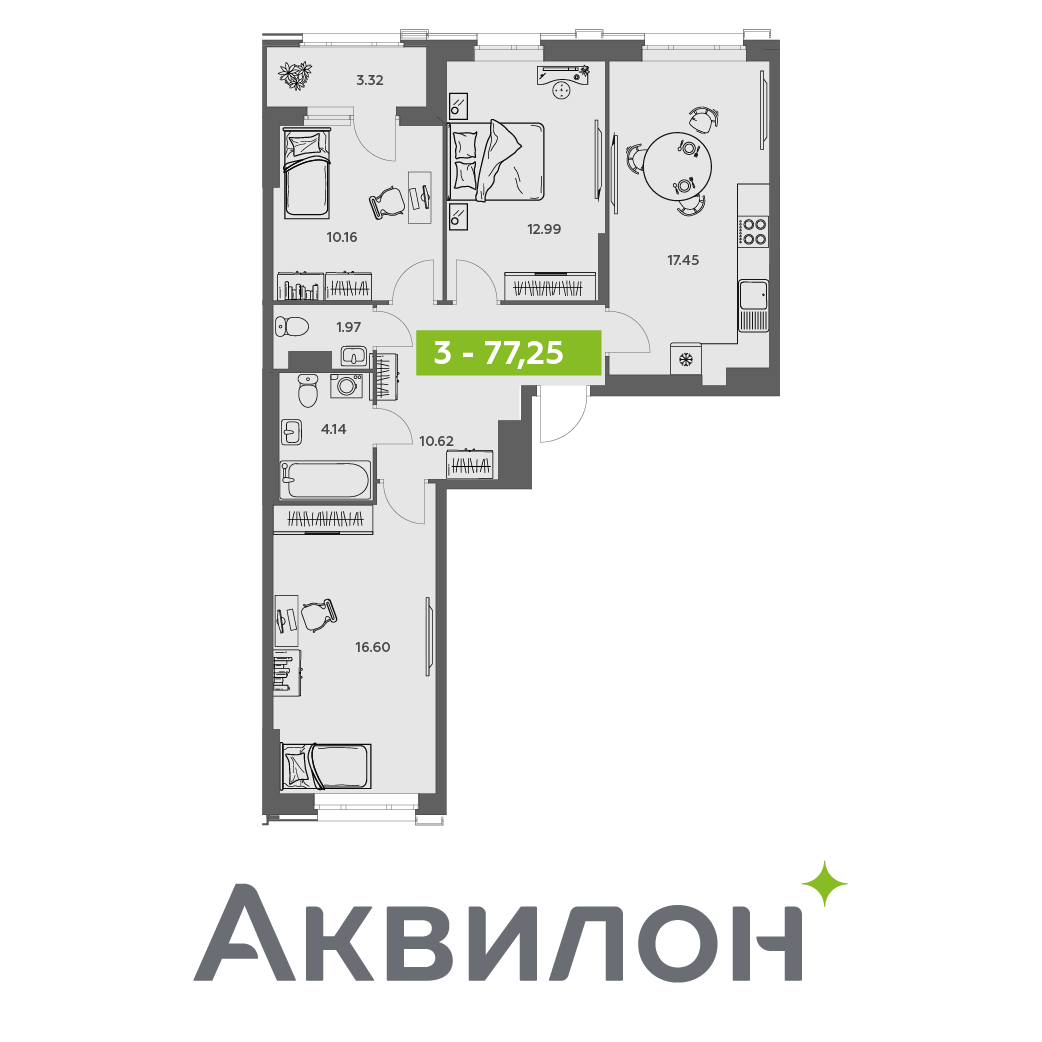 Студия 77 м2 в ЖК Аквилон АКВАРТАЛ корпус null этаж 14