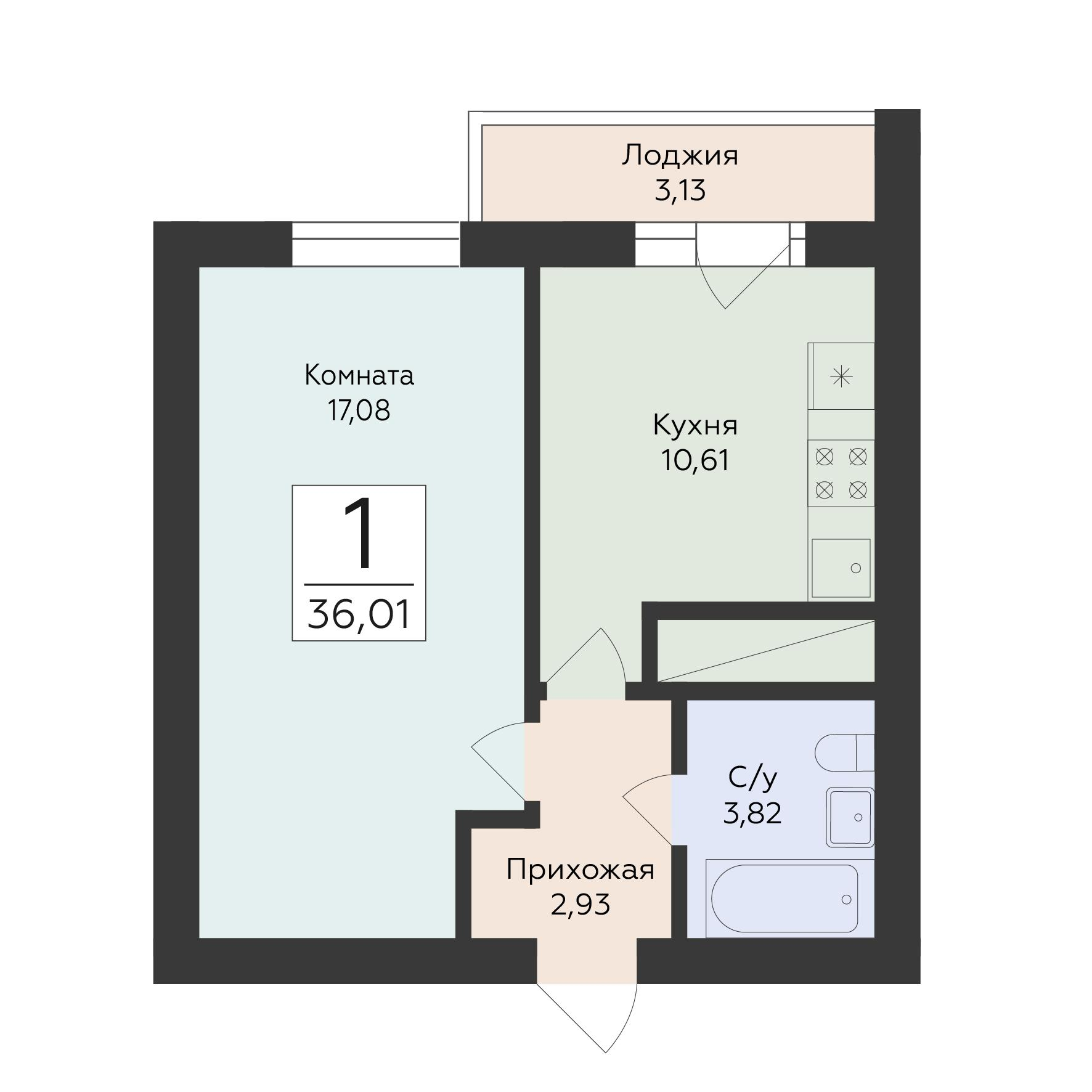 1-комнатная 36 м2 в ЖК Юность корпус null этаж 1