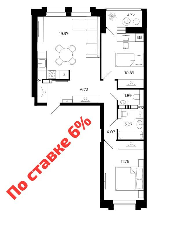 2-комнатная 61.9 м2 в ЖК undefined корпус null этаж 7