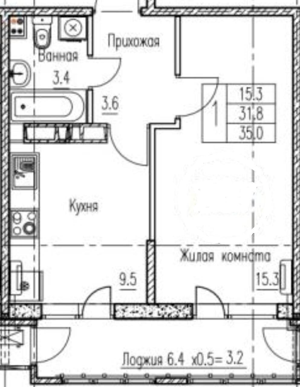 1-комнатная 35 м2 в ЖК undefined корпус null этаж 15