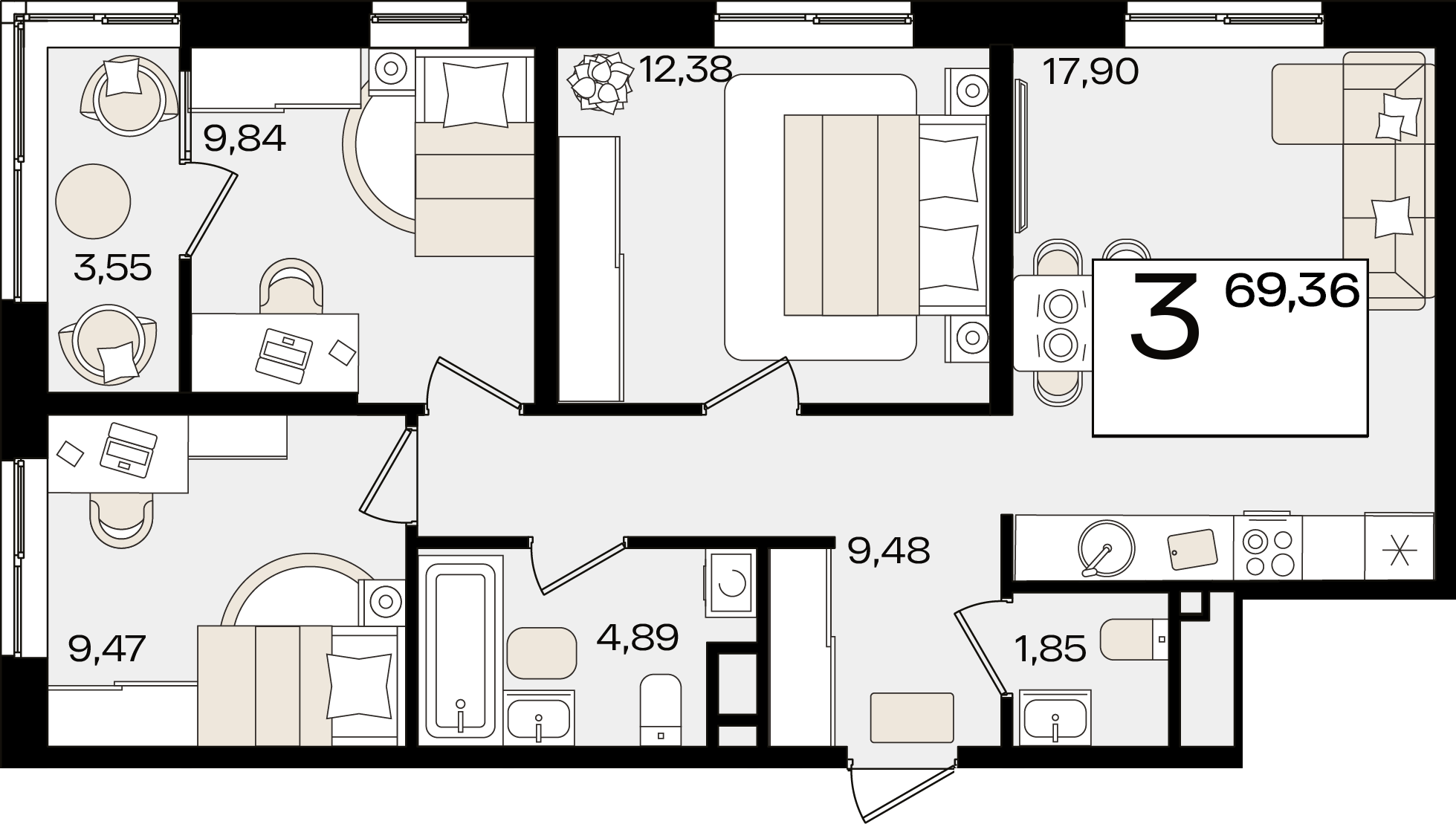 3-комнатная 69 м2 в ЖК Патрики корпус null этаж 13