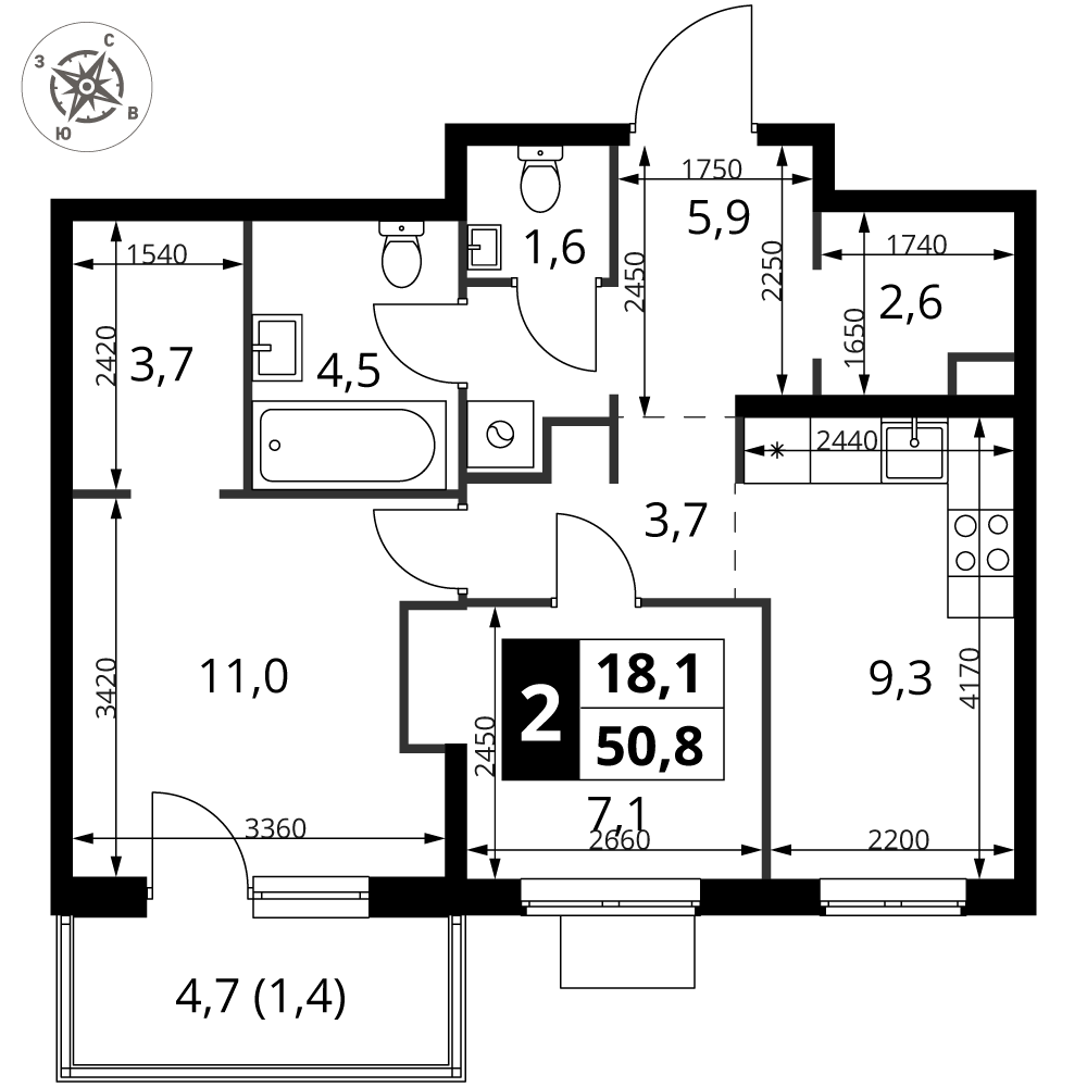 2-комнатная 51 м2 в ЖК 1-й Измайловский корпус null этаж 5
