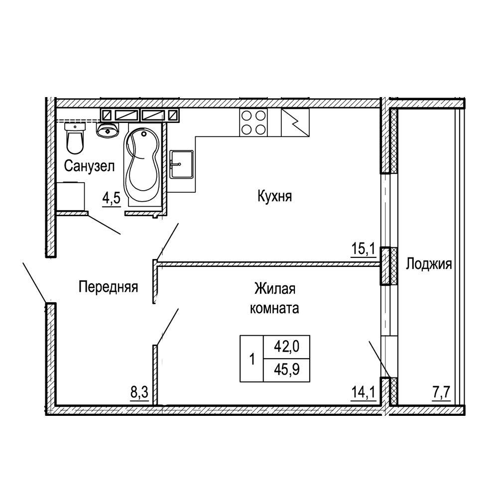 1-комнатная 45 м2 в ЖК ЖК на Черняховского корпус null этаж 1