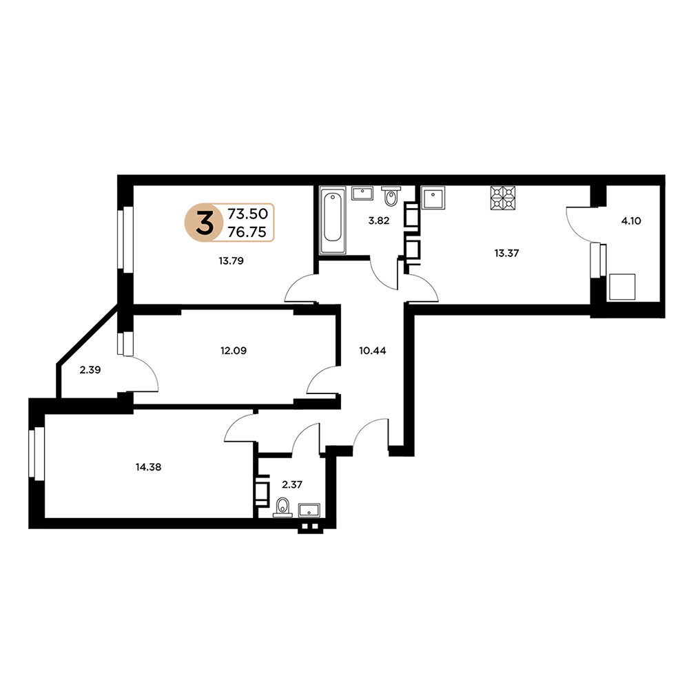 3-комнатная 74 м2 в ЖК Московский корпус null этаж 12