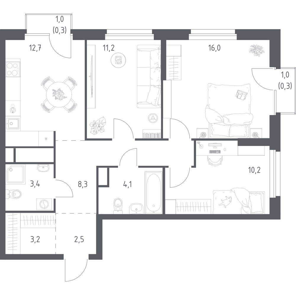 3-комнатная 72 м2 в ЖК Квартал Ауруум корпус null этаж 3