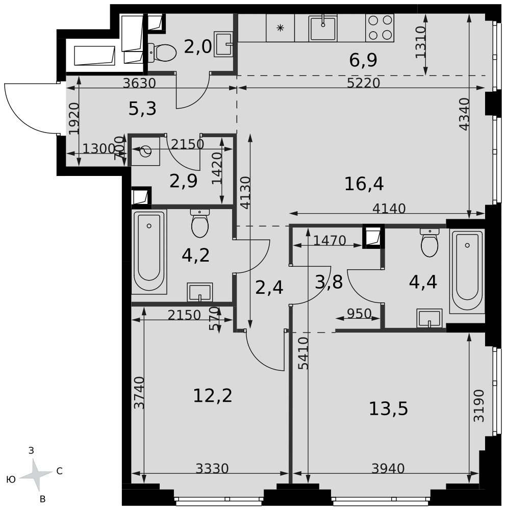 3-комнатная 74 м2 в ЖК Сидней Сити корпус null этаж 31