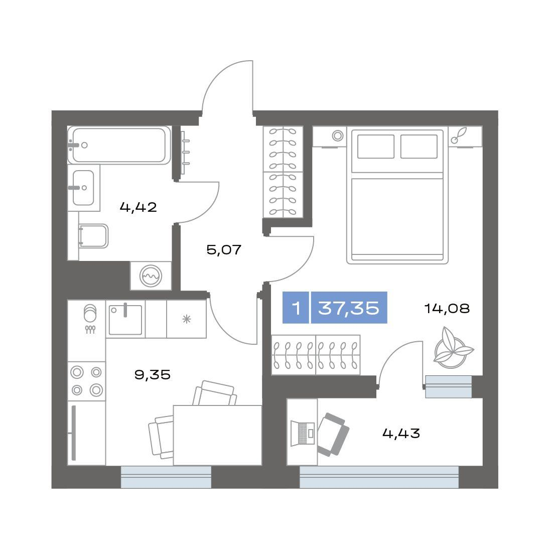 1-комнатная 37 м2 в ЖК Пятнашка корпус null этаж 3