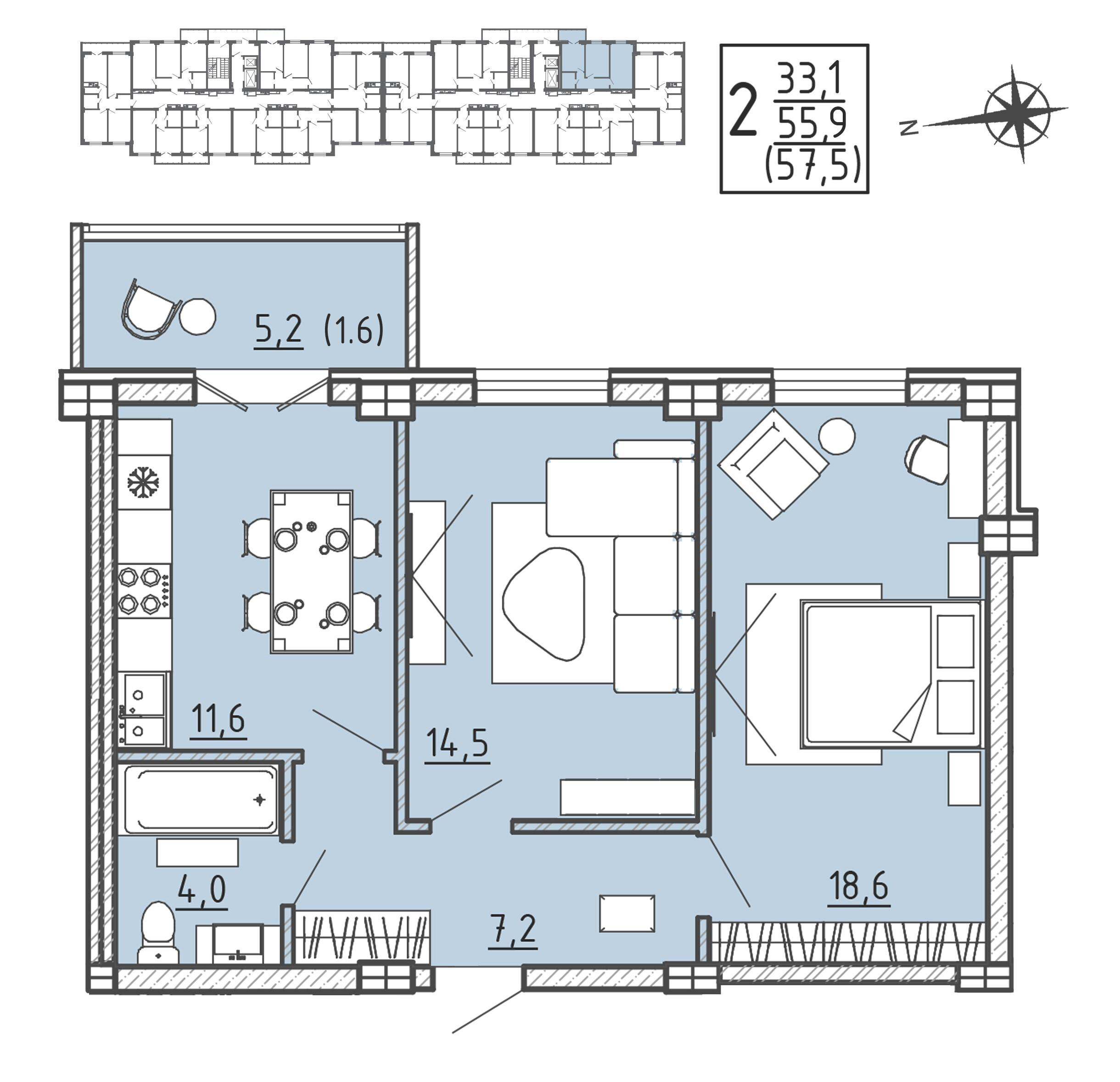 2-комнатная 57 м2 в ЖК Ю корпус null этаж 6