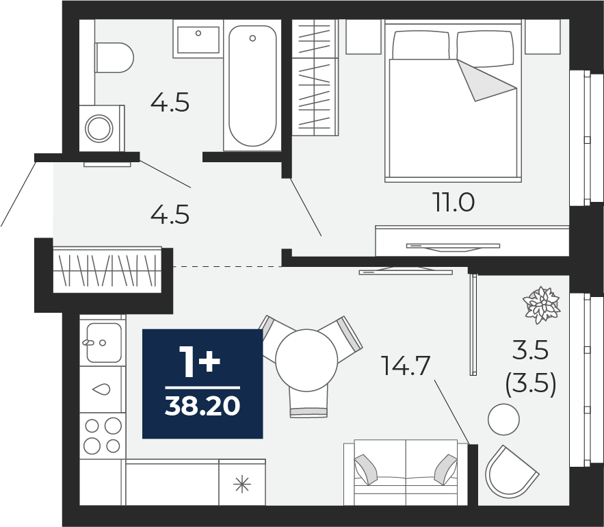 1-комнатная 38 м2 в ЖК Мириады корпус null этаж 10