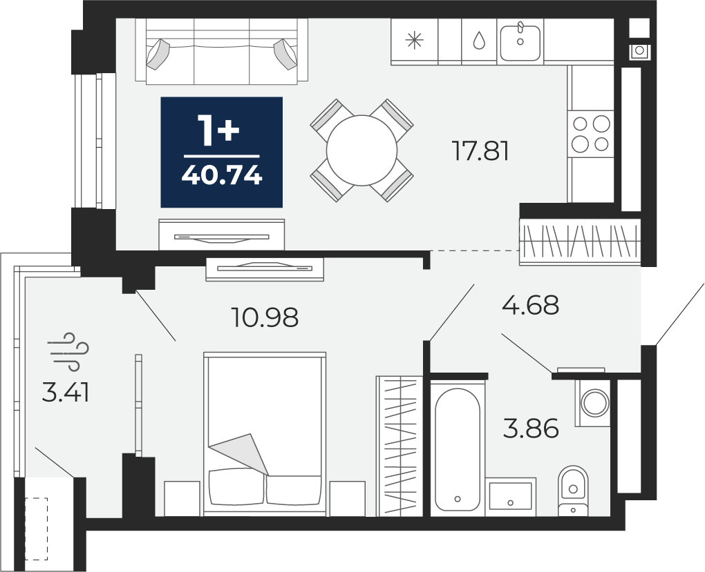 1-комнатная 37 м2 в ЖК Мириады корпус null этаж 9