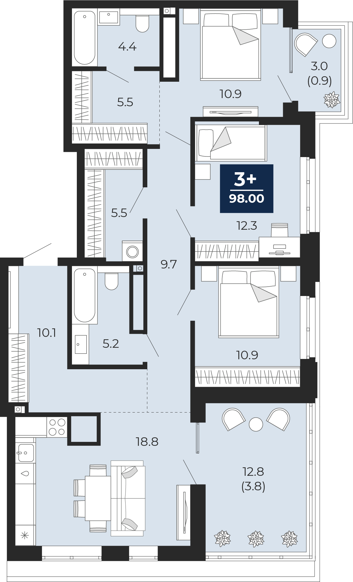 3-комнатная 93 м2 в ЖК Мириады корпус null этаж 10