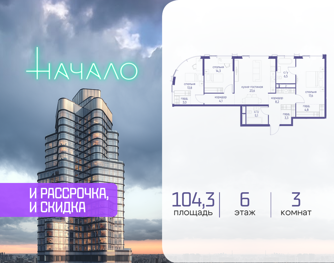 3-комнатная 104 м2 в ЖК Начало корпус null этаж 6