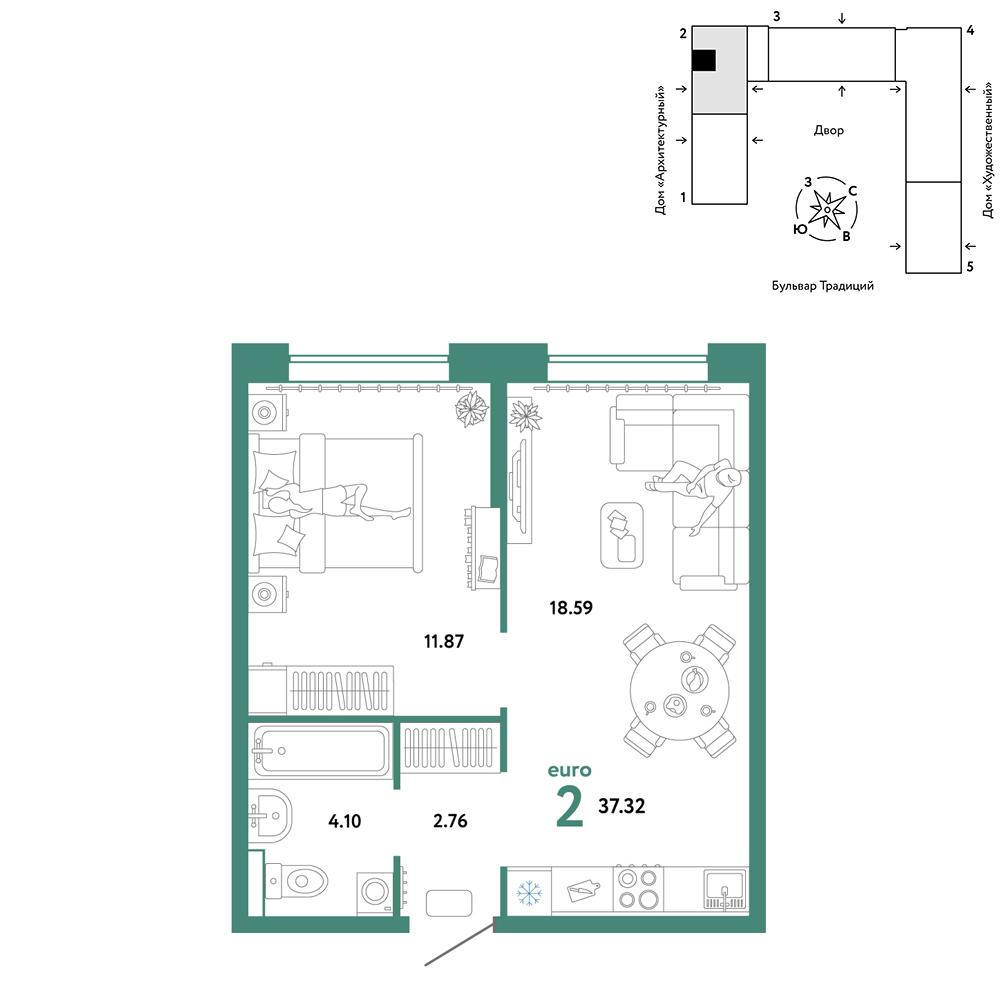 2-комнатная 37 м2 в ЖК Микрорайон Домашний корпус null этаж 12