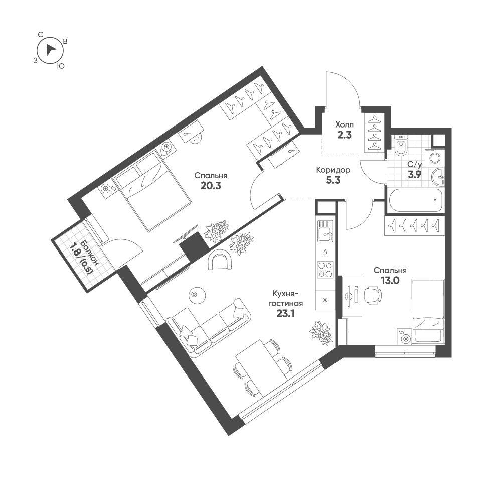 2-комнатная 68 м2 в ЖК Sokolinn Park корпус null этаж 6