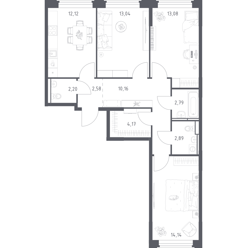 3-комнатная 77 м2 в ЖК Космический Квартал корпус null этаж 2