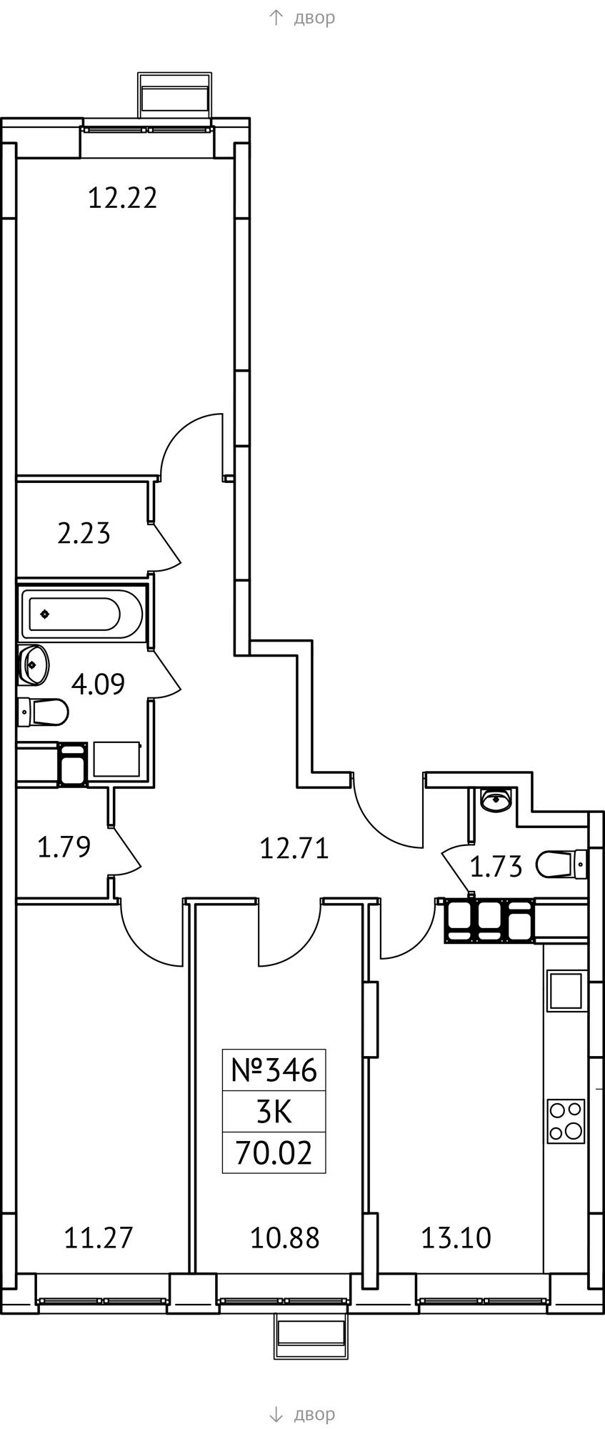3-комнатная 70 м2 в ЖК Новотомилино корпус null этаж 11