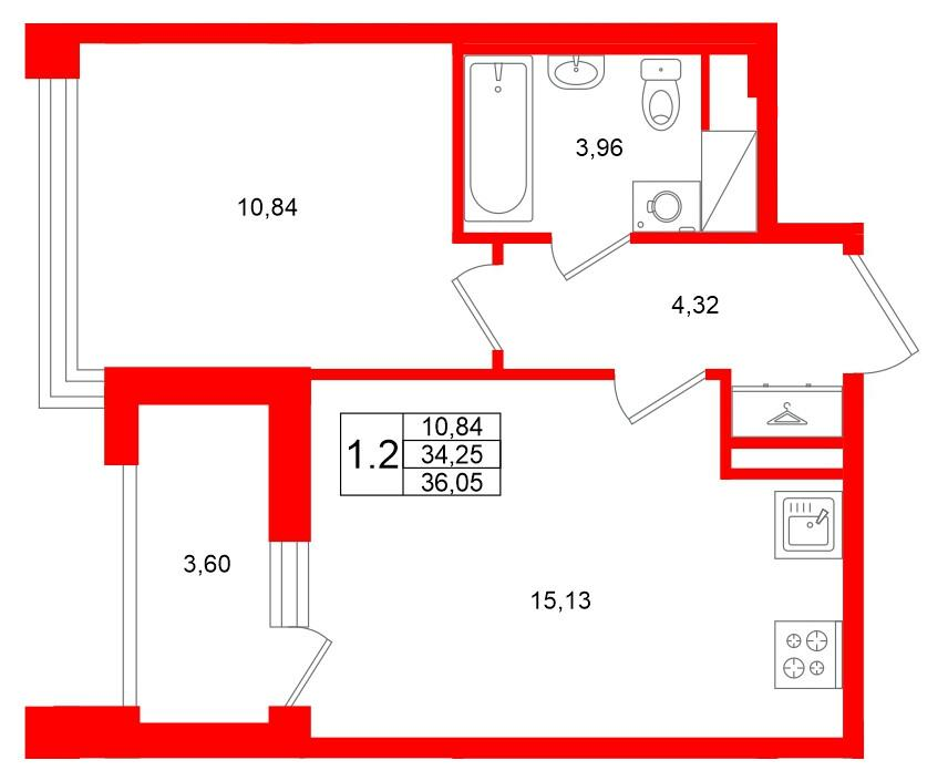 1-комнатная 34 м2 в ЖК Титул в Московском корпус null этаж 4