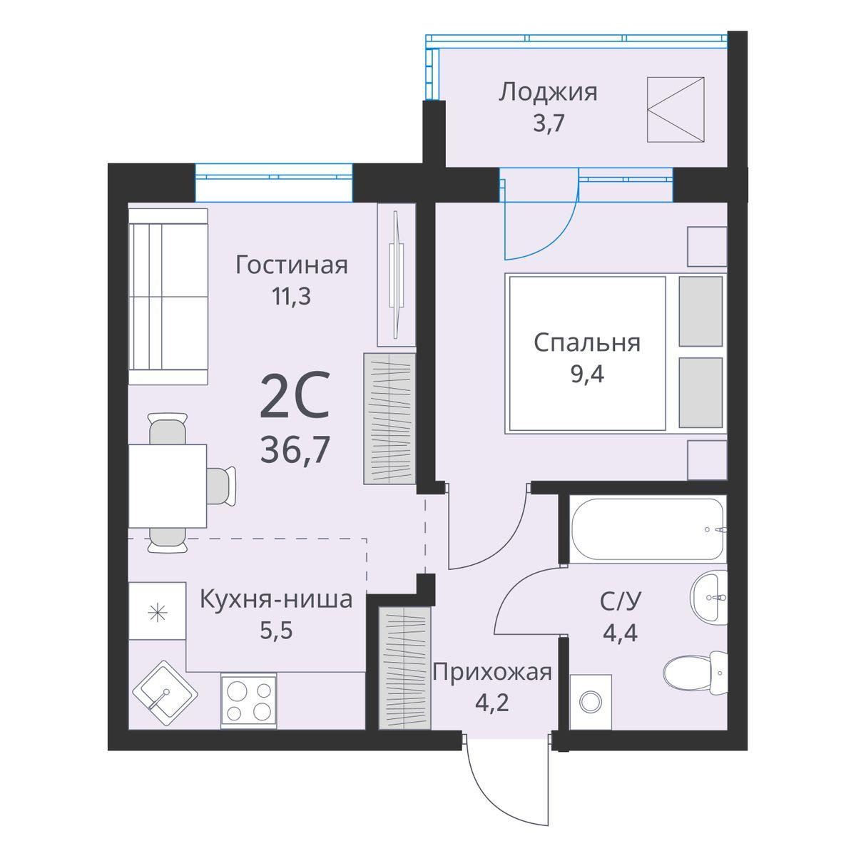 2-комнатная 36 м2 в ЖК Виноград корпус null этаж 10