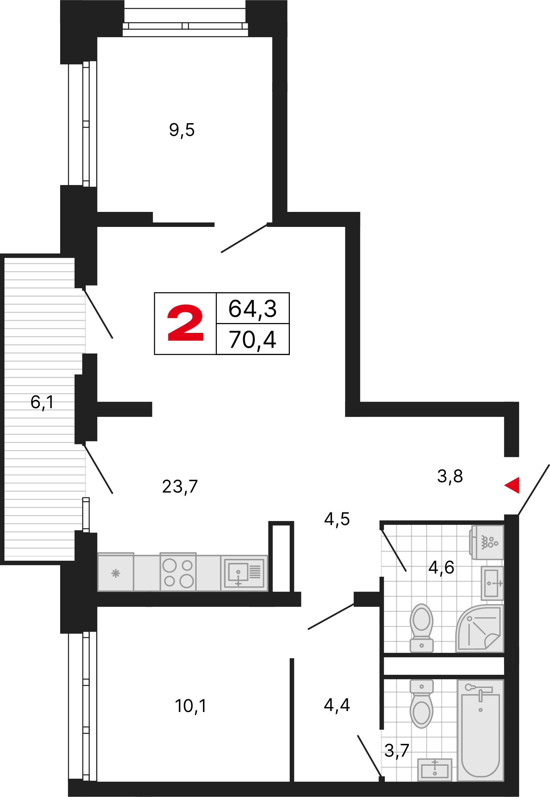 2-комнатная 70 м2 в ЖК Бестселлер корпус null этаж 4