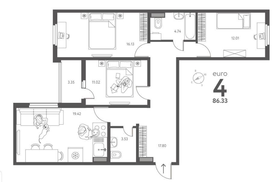 4-комнатная 86.3 м2 в ЖК undefined корпус null этаж 3