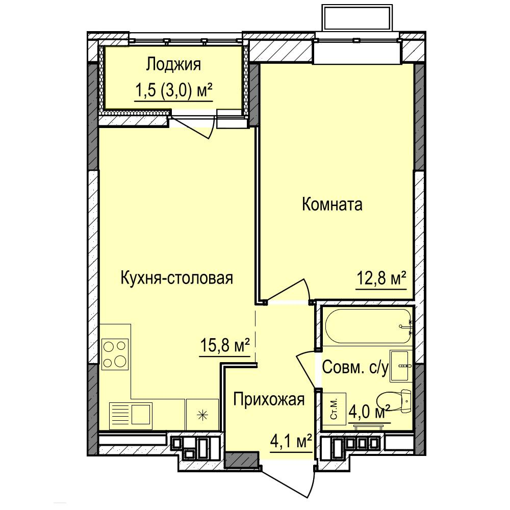 1-комнатная 38 м2 в ЖК Норвежский Лес корпус null этаж 6