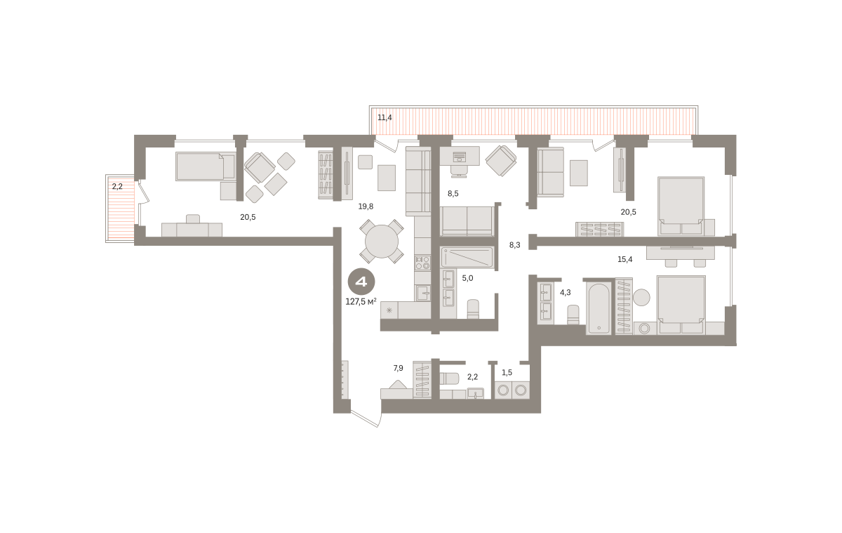 4-комнатная 129 м2 в ЖК Квартал Издание корпус null этаж 4