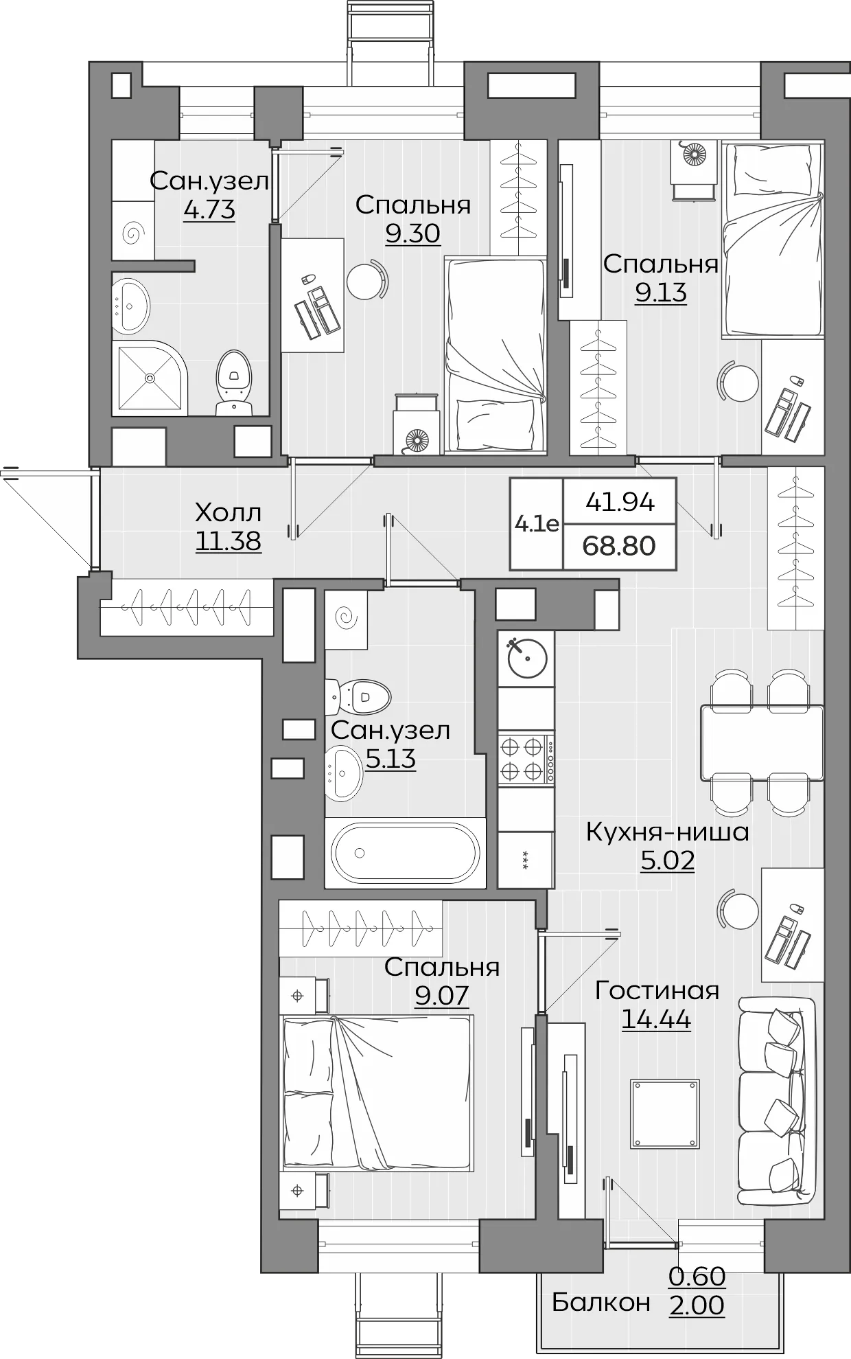 4-комнатная 68 м2 в ЖК Батталовский корпус null этаж 2