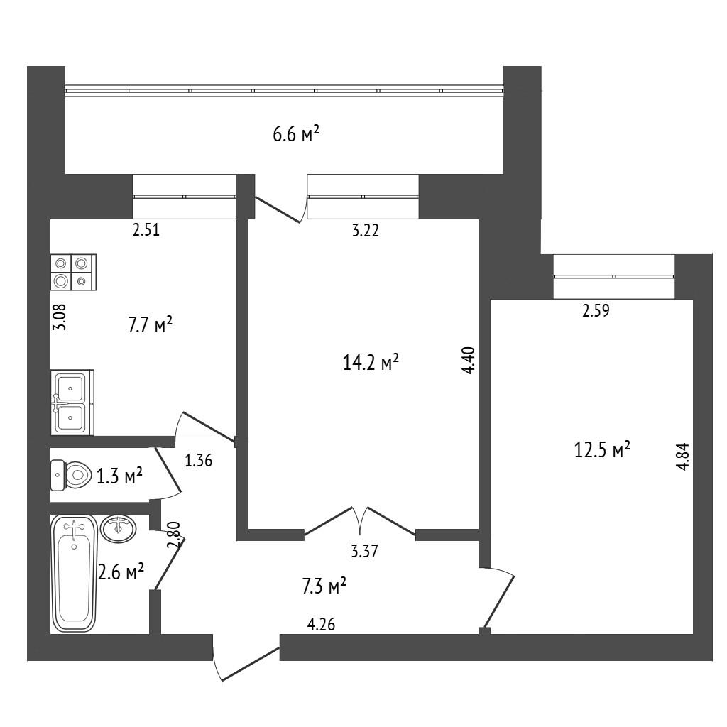 2-комнатная 45.6 м2 в ЖК undefined корпус null этаж 6