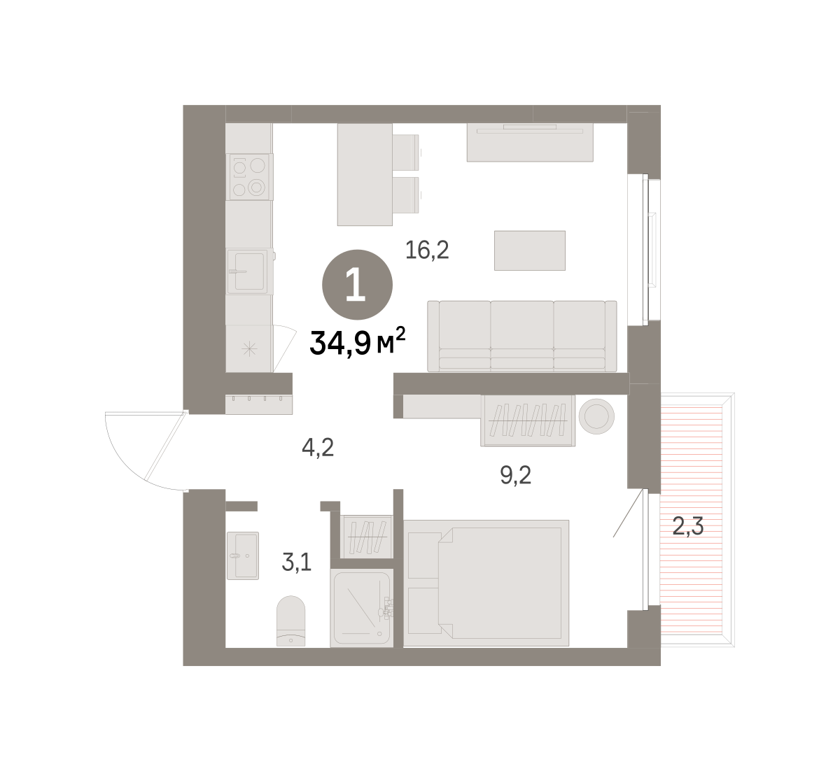 1-комнатная 34 м2 в ЖК Шишимская горка корпус null этаж 2