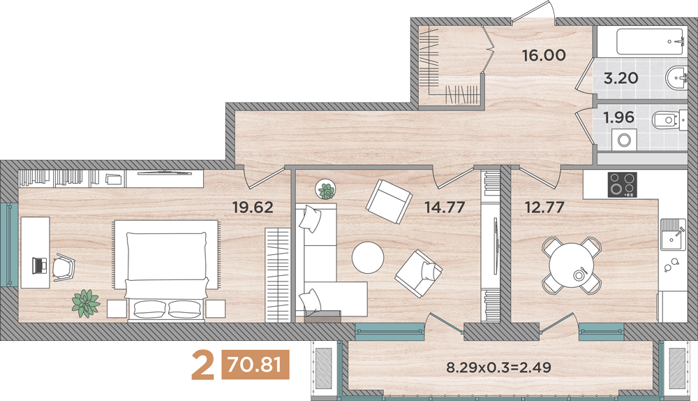 2-комнатная 70 м2 в ЖК Сады у моря корпус null этаж 8