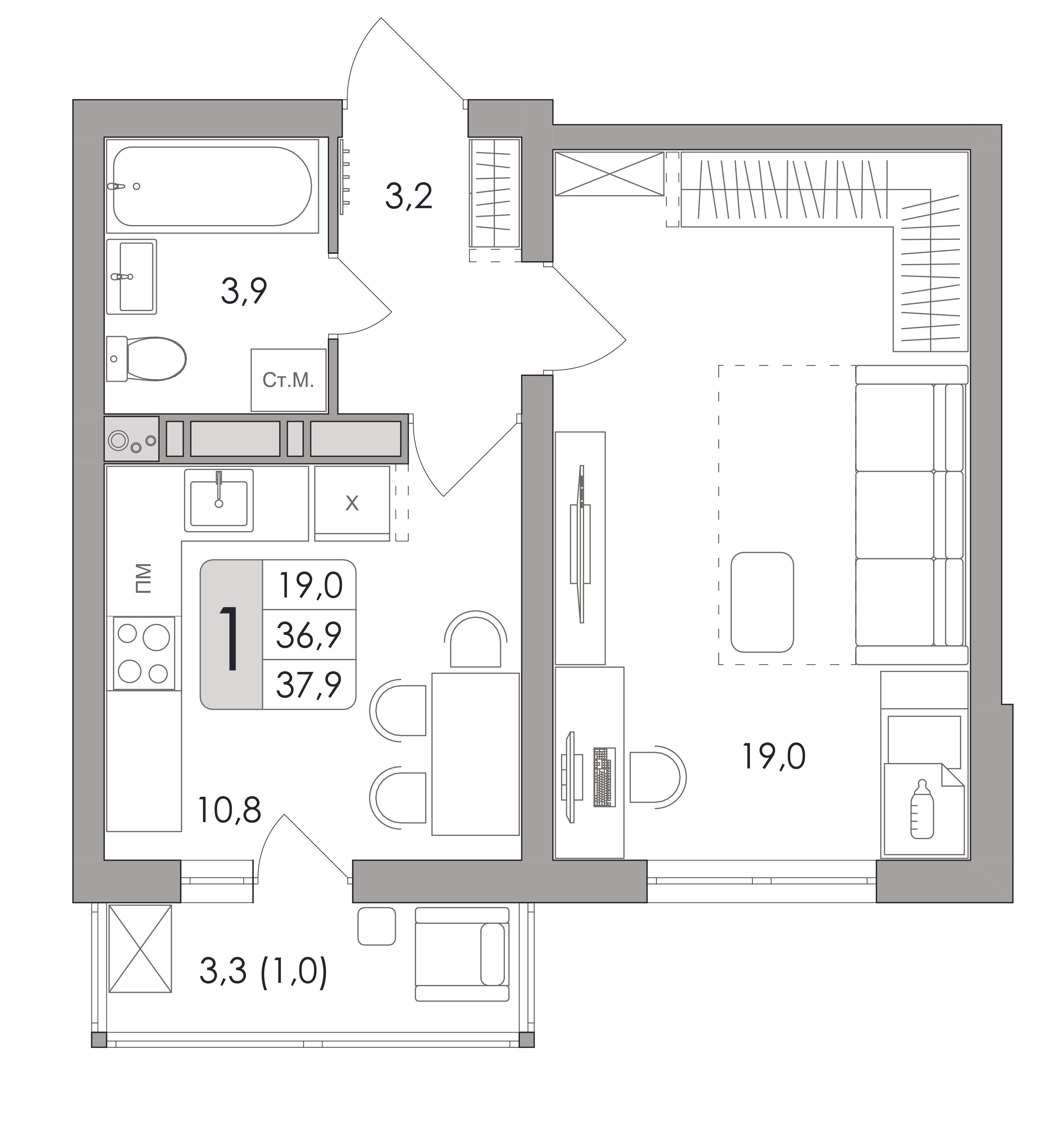 1-комнатная 37 м2 в ЖК Озерки корпус null этаж 2